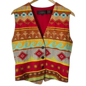 Vintage Nordstrom Silk Linen Southwest Art Print Button Front Vest Small